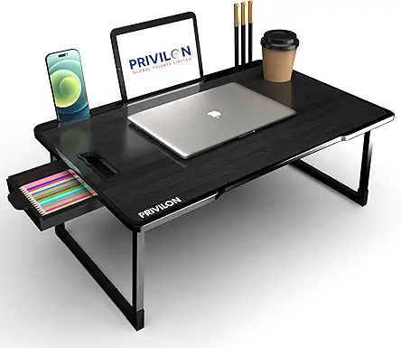Wood Smart Multipurpose Foldable Laptop Table with Cup Holder, Study Table, Bed Table, Breakfast Table, Foldable and Portable/Ergonomic & Rounded Edges (Black)