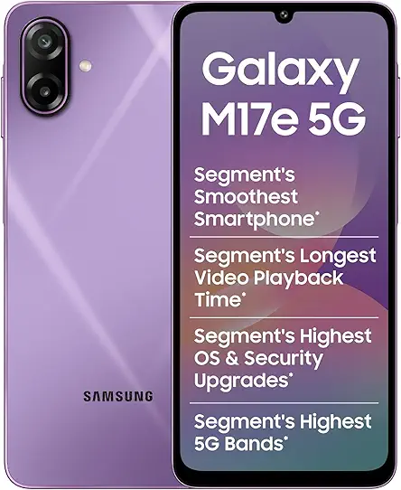 Samsung Galaxy M17e 5G Mobile (Vibe Violet, 6GB RAM, 128GB Storage) | Smoothest 120 Hz Refresh Rate| Monster 6000 mAh Battery | IP54 | 6 Gen OS Upgrades | AI | Gemini Live | Without Charger