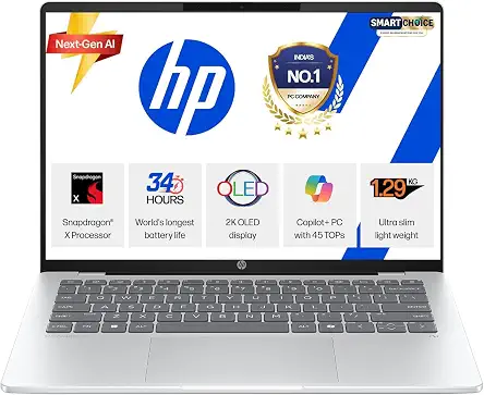 HP Smartchoice OmniBook 5 OLED (Previously Pavilion), Snapdragon X Processor 45 Tops (16GB LPDDR5x, 512GB SSD), 2K 14''/35.6cm, Win11, Office24, Silver, 1.29kg, he0014QU, Multi-Day Battery, AI Laptop