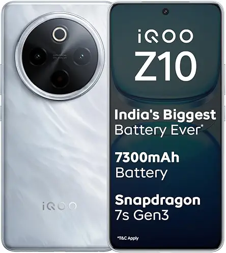 iQOO Z10 5G (Glacier Silver, 8GB RAM, 128GB Stroage) | India's Biggest Ever 7300 mAh Battery | Snapdragon 7s Gen 3 Processor | Brightest Quad Curved AMOLED Display in The Segment