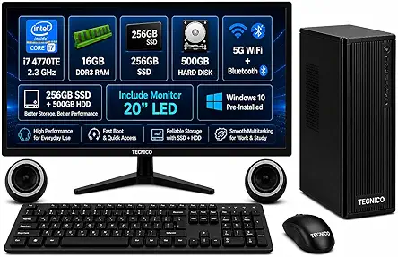 TECNICO Victory All-in-One Desktop Computer Set, i7 4770TE 2.3GHZ, 16GB DDR3 RAM, 256GB SSD, 500 GB HARDDISK, 5g WiFi + Blue Tooth (Include 20" led Monitor)