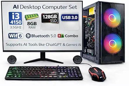 TECNICO Desktop Computer Set with 20" LED Monitor – Core i3-4130 3.4GHz, 8GB DDR3 RAM, 128GB SSD, WiFi 6, Bluetooth 5.0, RGB Combo, Supports AI Tools Like ChatGPT & Gemini AI