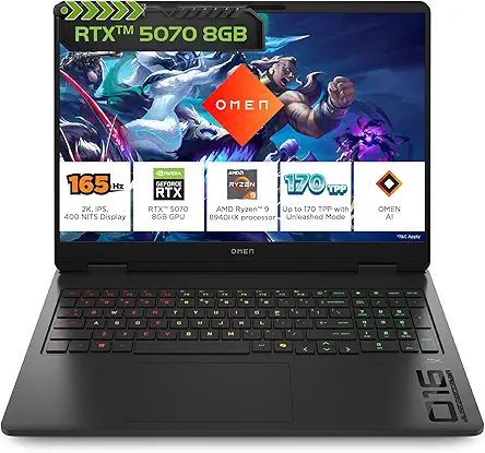 HP Omen, AMD Ryzen 9 8940HX, 8GB RTX 5070, 24GB DDR5(Upgradeable) 1TB SSD, 240Hz, 2k WUXGA, 3ms, 400 nits, 16''/40.6cm, Win11, M365* Office24, Black, 2.44kg, ap0182AX, RGB, AI Gaming Laptop