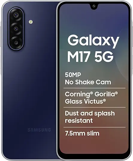 Samsung Galaxy M17 5G Mobile (Sapphire Black, 6GB RAM, 128GB Storage) | 50MP OIS Triple Camera | Gorilla Glass Victus | IP54 | 6 Gen OS Upgrades | AI | Gemini Live | Lag-Free Gaming | Without Charger
