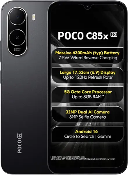 POCO C85x 5G Smartphone, Elite Black, 6.9 Inch Display, 32MP Dual AI Camera, 6300mAh Battery, 64GB Storage, 4GB RAM, Android 16