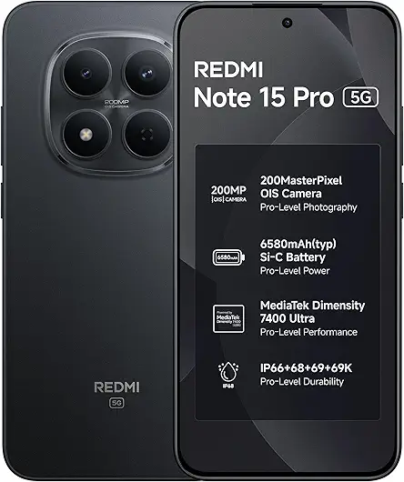 REDMI Note 15 Pro 5G (Carbon Black, 8GB+256GB) | 200MasterPixel OIS Camera | Dimensity 7400-Ultra | 17.3cm CrystalRes AMOLED Screen | IP66/68/69/69K | Mega 6580mAh Si/C Battery | 45W Fast Charging