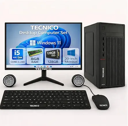 TECNICO Desktop Computer Set, Windows 11 Intel Core I5-2400, 8GB RAM, 128GB SSD, 20-Inch Monitor, Keyboard, Mouse, Speakers