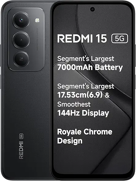 Redmi 15 5G Midnight Black 6GB + 128GB | Segment's Largest 7000mAhA Battery | Segment's Largest Display 17.53cm(6.9) Up to 144Hz | Snapdragon 6s Gen 3 | 18W Reverse Charging | 50MP AI Dual Camera