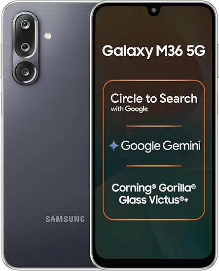 Samsung Galaxy M36 5G Mobile (Velvet Black, 8GB RAM, 128GB Storage) | Google Gemini| Gorilla Glass Victus+ | 7.7mm | AI Enhanced 50MP OIS Triple Camera| Nightography| Lag-free Gaming | Without Charger