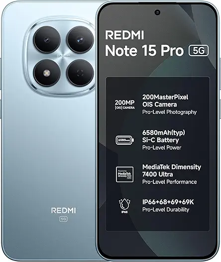 REDMI Note 15 Pro 5G (Mirage Blue, 8GB+128GB) | 200MasterPixel OIS Camera | Dimensity 7400-Ultra | 17.3cm CrystalRes AMOLED Screen | IP66/68/69/69K | Mega 6580mAh Si/C Battery | 45W Fast Charging
