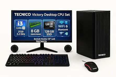 TECNICO Victory Desktop CPU Set, Core I3 2120 2.2GHz, 8 GB DDR3 RAM, 128 GB SSD, RGB Keyboard Mouse Set, WiFi 6, Bluetooth, Speakers, (Include Monitor 20" Led)